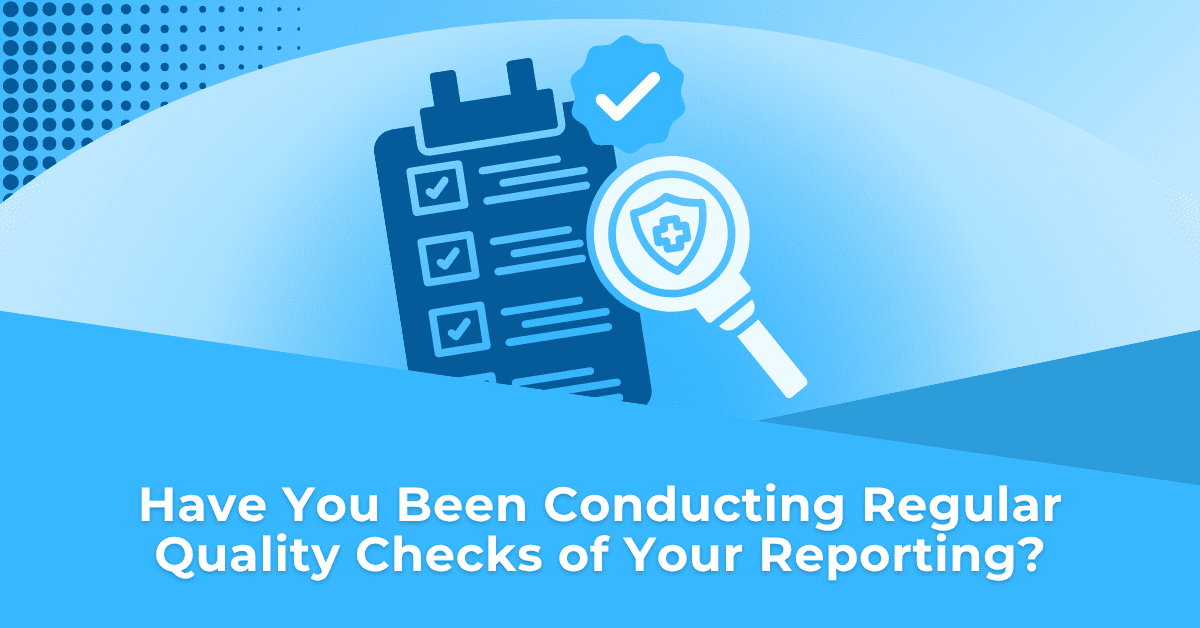 Quality checks for regulatory reporting with checklist, verification badge, and magnifying glass illustration.